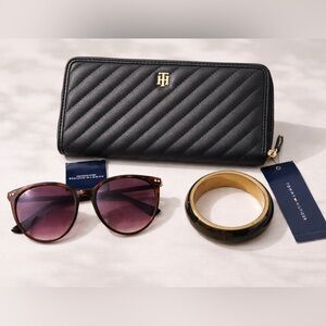 NWT Tommy Hilfiger Set - Quilted Zip-Around Wallet, Sunglasses & Bangle Bracelet